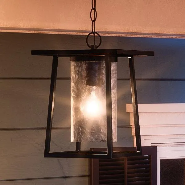 UQL1094 Craftsman Outdoor Pendant Light, 13.5"H x 9.5"W, Black Silk Finish, Lisbon Collection — Urban Ambiance LED Landscape Lights  3000K
