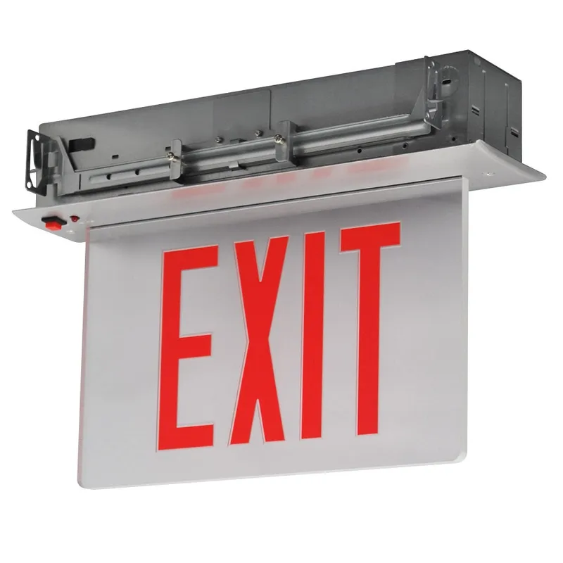 LED Recessed Aluminum Edge Lit Exit Sign, Single Face, Red Lettering, Clear Panel, White Finish — Warehouse Lighting LED Downlights  