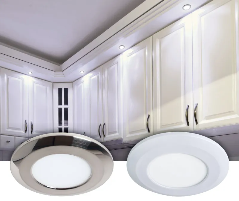 Wafer Thin Under Cabinet LED Puck Light, 3W, 12V, 250 Lumens, 3000K, Brilliant White or Chrome Finish — Warehouse Lighting LED Downlights 3.0W 3000K