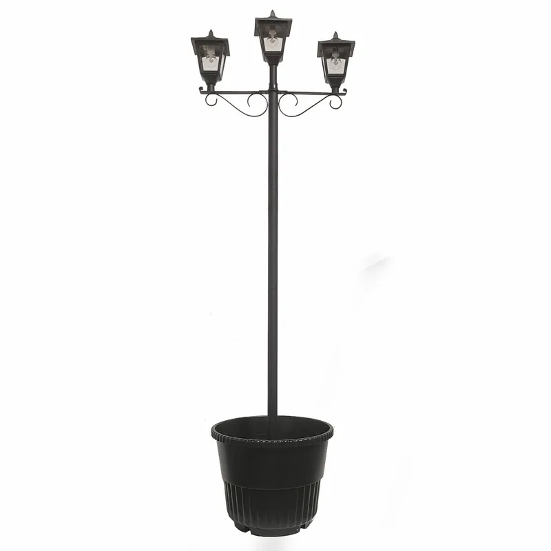 Triple Head Solar LED Lamp and Post Set with Round Planter, 90 Lumens, 2700K CCT — Warehouse Lighting LED Lighting Controls 20.0W 2700K