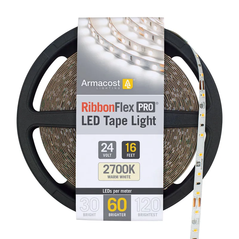 RibbonFlex Pro 24V White LED Strip Light Tape 60 LED/m, 16ft or 32 ft, 2700K, 3000K, or 4000K — Warehouse Lighting LED Linear Lights  2700K