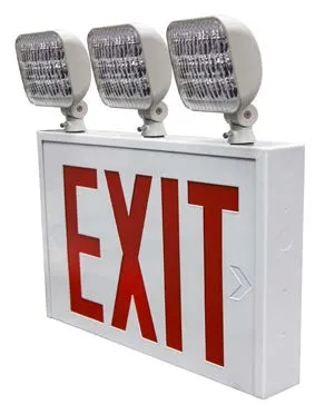 New York City Approved LED Exit/Emergency Combo, 3 Head, Single/Double Face, Red Letter, White — Warehouse Lighting LED Exit & Emergency 1.5W 