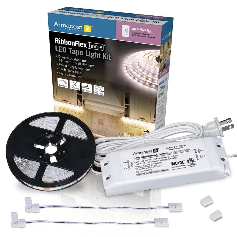 RibbonFlex Home AC Dimmable Warm White LED Tape Light Kit, 16 ft. (5m), 2700K, 3000K or 4000K, 120V — Warehouse Lighting LED Linear Lights 30.0W 2700K