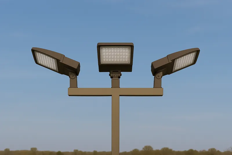 20 ft 4 Inch Square Area Lighting Pole With Triple Head LED 150W Slim Line Fixture (400W+ MH or HID Equivalent) and Bullhorn with 3 Tenons — Warehouse Lighting LED Area Lights 150.0W 5000K