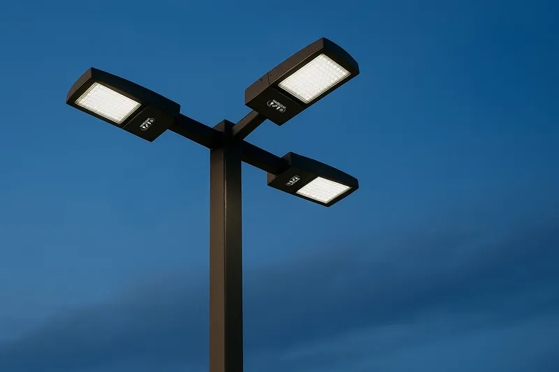 25 ft 4 Inch Square Area Lighting Pole With Triple Head LED 300W Slim Line Fixture (1000W+ MH or HID Equivalent), Pole Arm Mount — Warehouse Lighting LED Area Lights 300.0W 5000K
