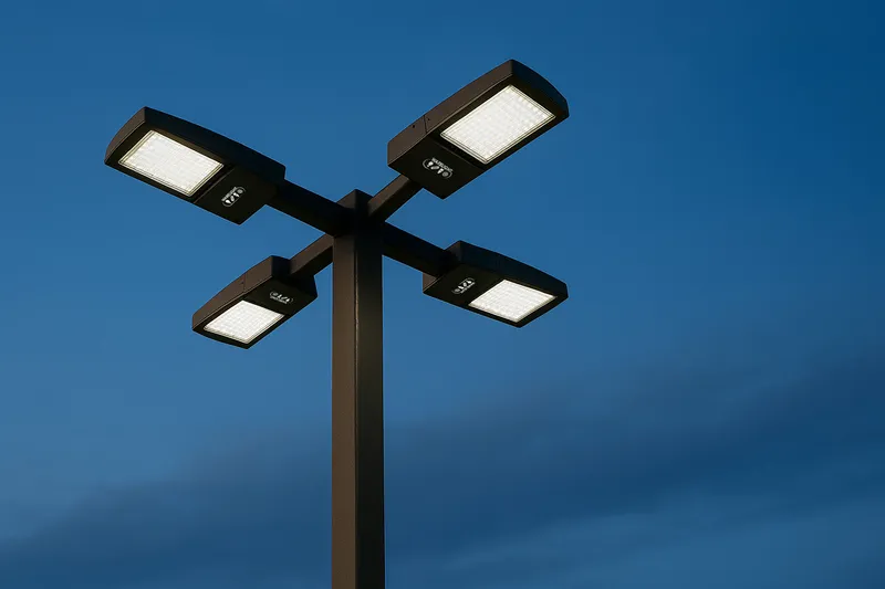 20 ft 4 Inch Square Area Lighting Pole With Quad Head LED 150W Slim Line Fixture (400W+ MH or HID Equivalent), Pole Arm Mount — Warehouse Lighting LED Area Lights 150.0W 5000K