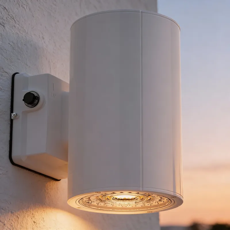 White Cylinder LED Wall Sconce, 38W/31W/19W, Dusk to Dawn Photocell , 5500 Lumens — Sunco Lighting LED Wall Lights 38.0W 3000K