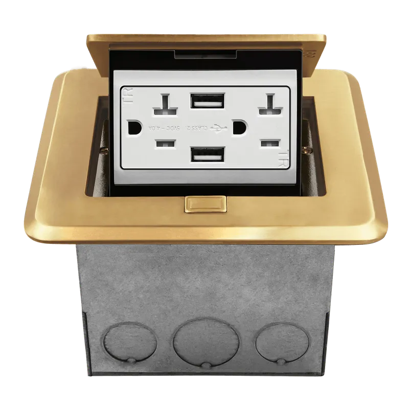 Enerlites Brass Square Soft Pop-Up Floor Box Kit with Tamper-Resistant 4.0A USB Charger Receptacle — Sunco Lighting LED Landscape Lights  