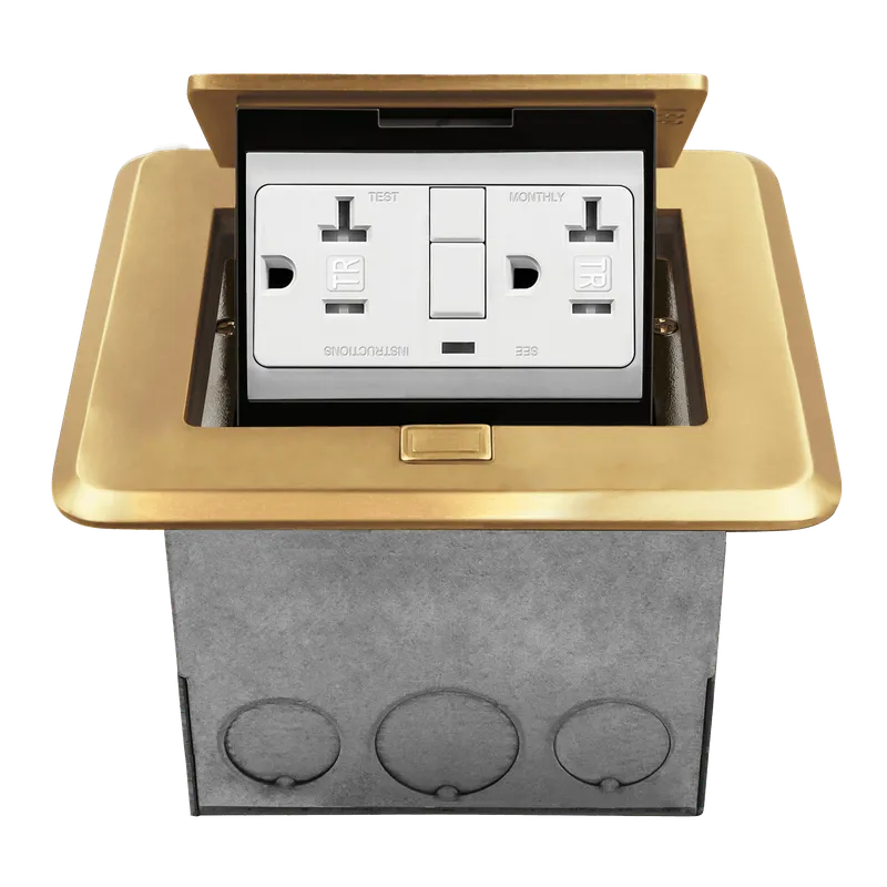 Enerlites Brass Square Soft Pop-Up Floor Box Kit with Tamper-Resistant 20A GFCI Receptacle — Sunco Lighting LED Landscape Lights  