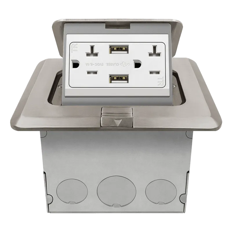 Enerlites Nickel Square Pop-Up Floor Box Kit with Tamper-Resistant 2.1A USB-A Charger — Sunco Lighting LED Landscape Lights  