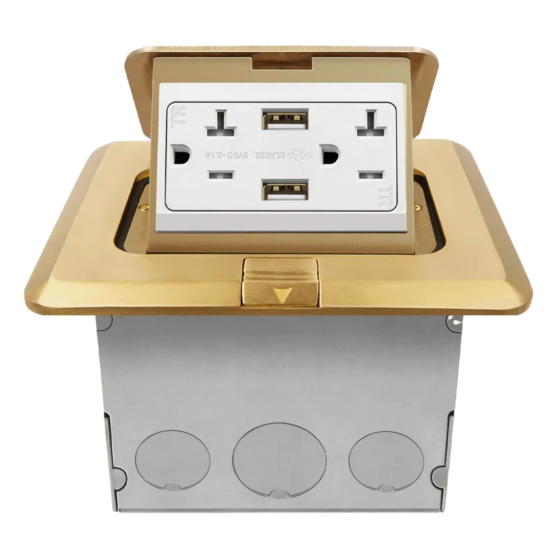 Enerlites Square Brass Pop-Up Floor Box Kit with Tamper-Resistant 2.1A USB-A Charger — Sunco Lighting LED Landscape Lights  