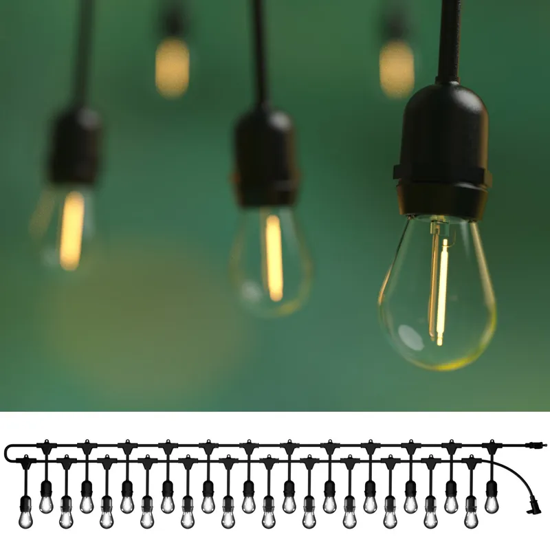 48ft Outdoor String Lights, 24 LED Filament Bulbs, Suspended Standard Sockets, 1800 Lumens — Sunco Lighting LED Bollards & Pathway Lights  2200K