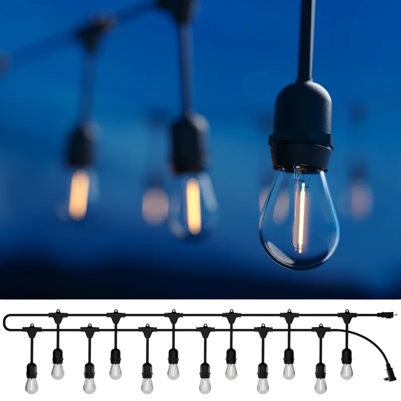 24ft Outdoor String Lights, 12 LED Filament Bulbs, Suspended Standard Sockets, 900 Lumens — Sunco Lighting LED Bollards & Pathway Lights  2200K