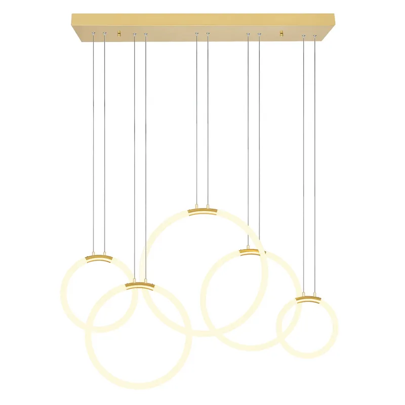Hoops Integrated LED 44in 5 Ring Satin Gold Chandelier — CWI Lighting LED Pendant Lights  