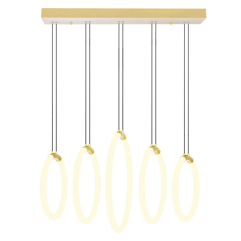 Hoops Integrated LED 23in 5 Ring Satin Gold Chandelier — CWI Lighting LED Pendant Lights  