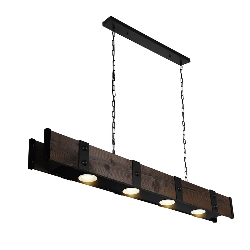 Pago 4 Light 59in Black & Wood Drum Shade Island Light — CWI Lighting LED Pendant Lights  