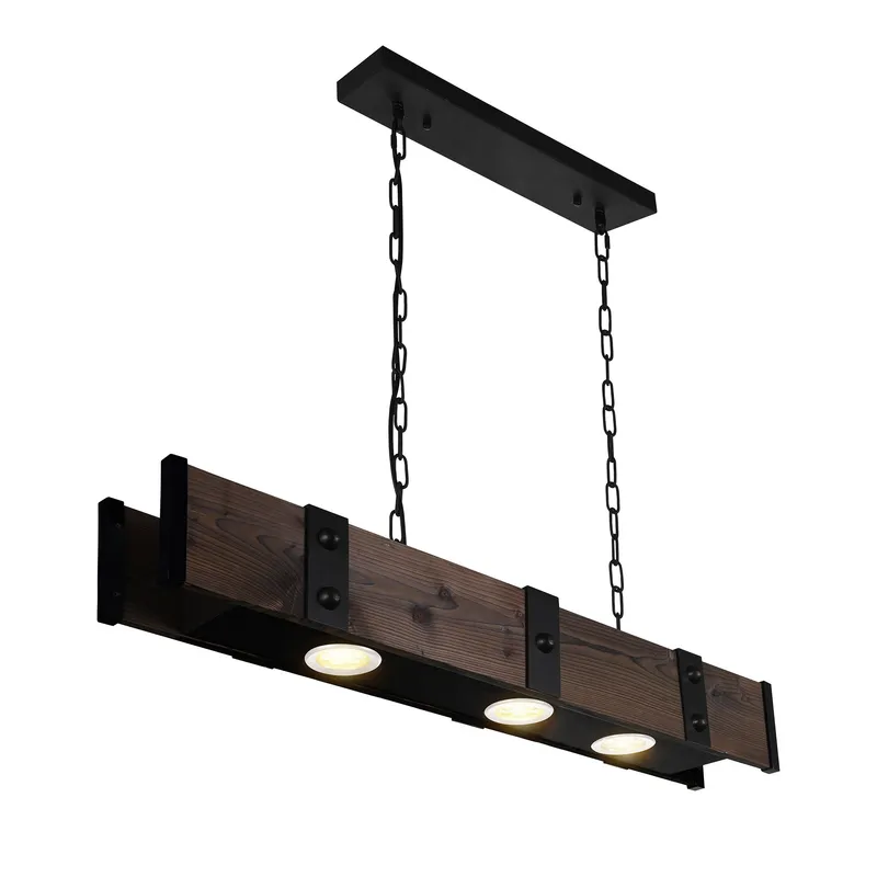 Pago 3 Light 42in Black & Wood Drum Shade Island Light — CWI Lighting LED Pendant Lights  