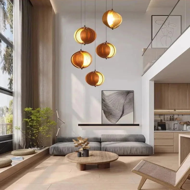 Nia Wood Staircase Chandelier — Seus Lighting LED Pendant Lights  3000K