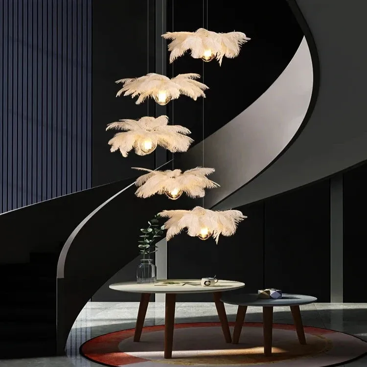 Adel Feather Staircase Lighting Chandelier — Seus Lighting LED Pendant Lights  3000K