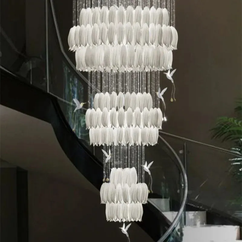 Yina White Ceramic Tulip Chandelier For Staircase — Seus Lighting LED Pendant Lights  