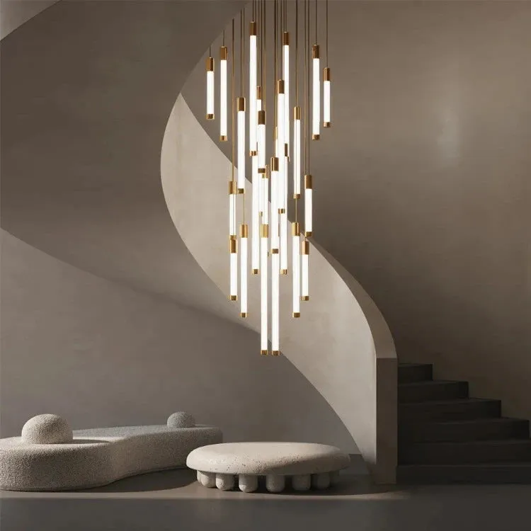 Kate Modern Gold Tube LED Staircase Chandelier — Seus Lighting LED Pendant Lights  3000K