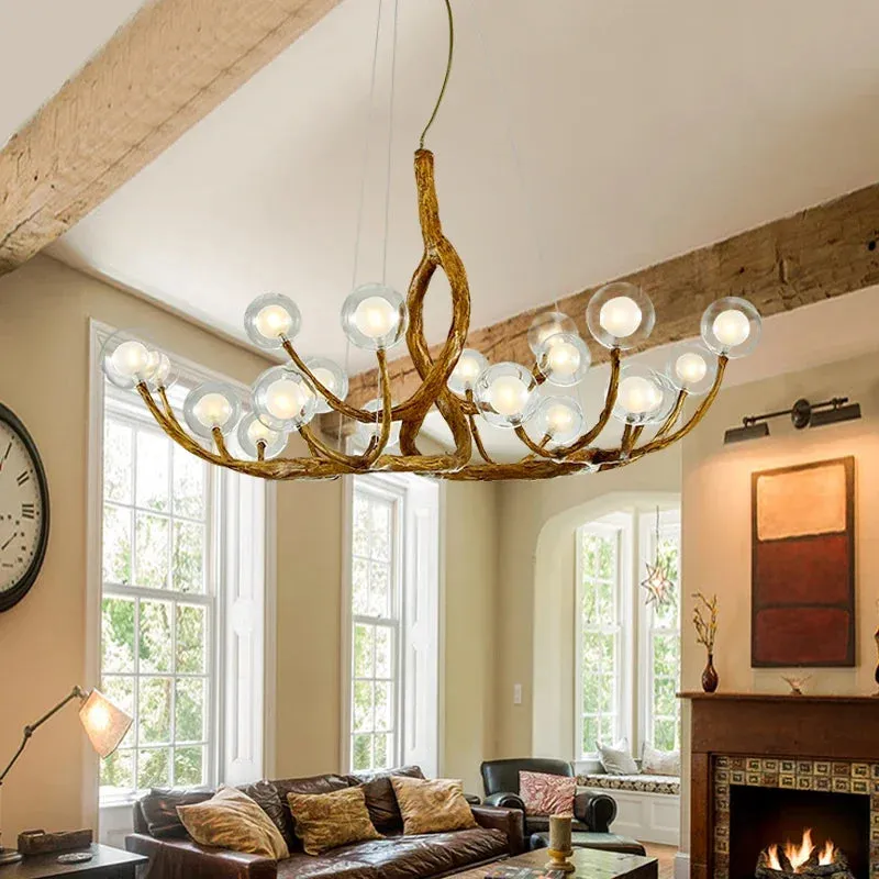 Rustic Farmhouse Branch Chandelier with Glass Orbs — Seus Lighting LED Pendant Lights  2700K