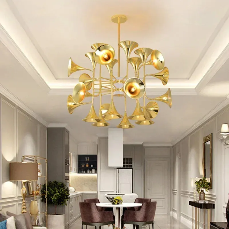 24-Light Unique Brass Trumpet Chandelier Light — Seus Lighting LED Pendant Lights  3000K