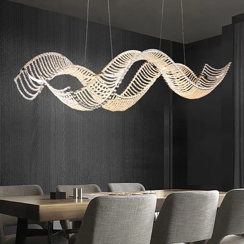 Modern Wave Crystal Chandelier Over Dining Table — Seus Lighting LED Pendant Lights  3000K