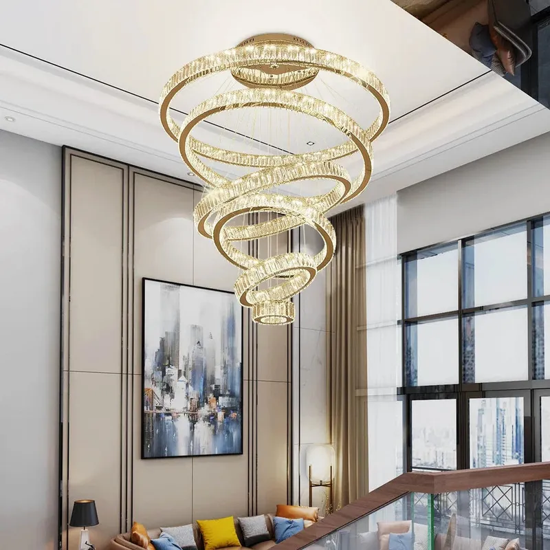 6 Tier Crystal Ring Chandelier for High Ceiling — Seus Lighting LED Pendant Lights  3000K