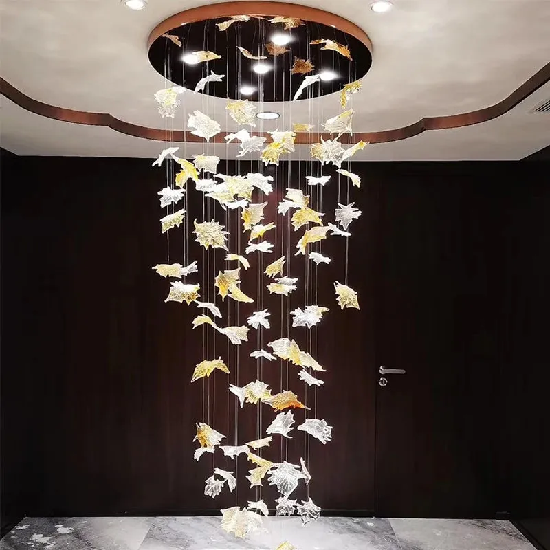 Glass Maple Leaf Hanging Light for Staircase — Seus Lighting LED Pendant Lights  3000K