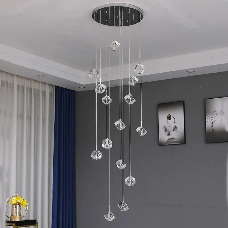 Modern Crystal Square Chandelier for Staircase — Seus Lighting LED Pendant Lights  3000K