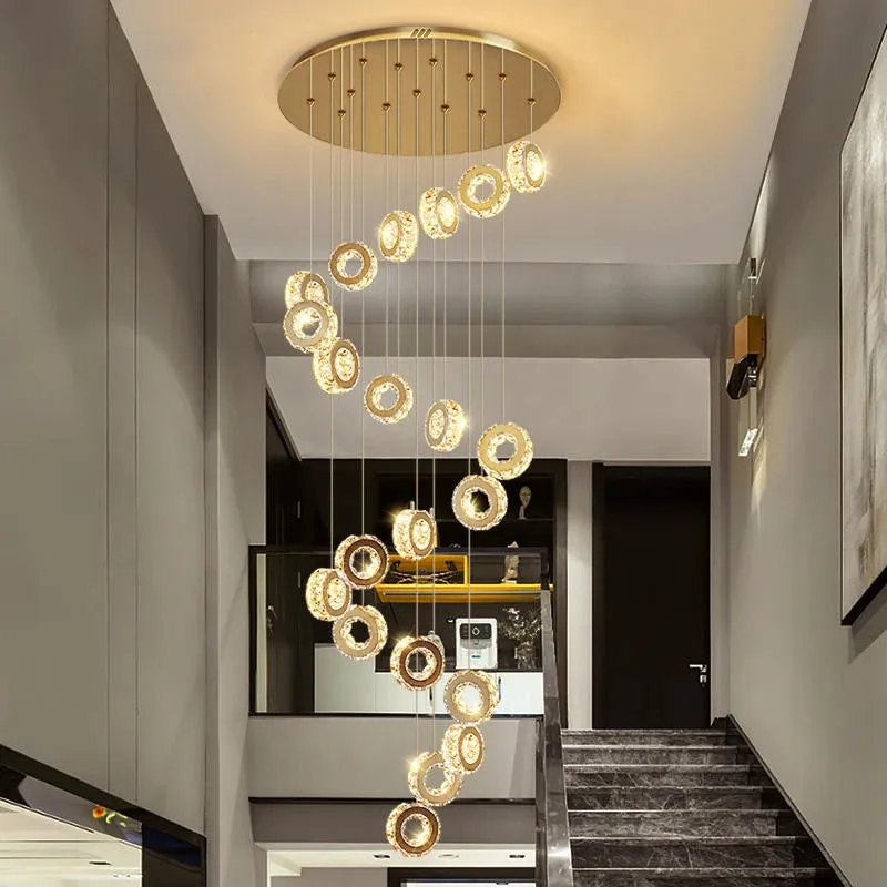 Gold Crystal Spiral Chandelier for Staircase Foyer — Seus Lighting LED Pendant Lights  3000K