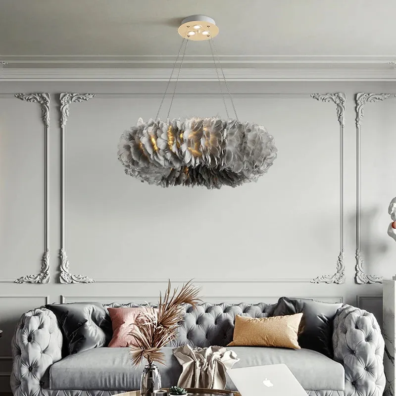 Round Feather Chandelier - White & Pink & Gray & Yellow — Seus Lighting LED Pendant Lights  