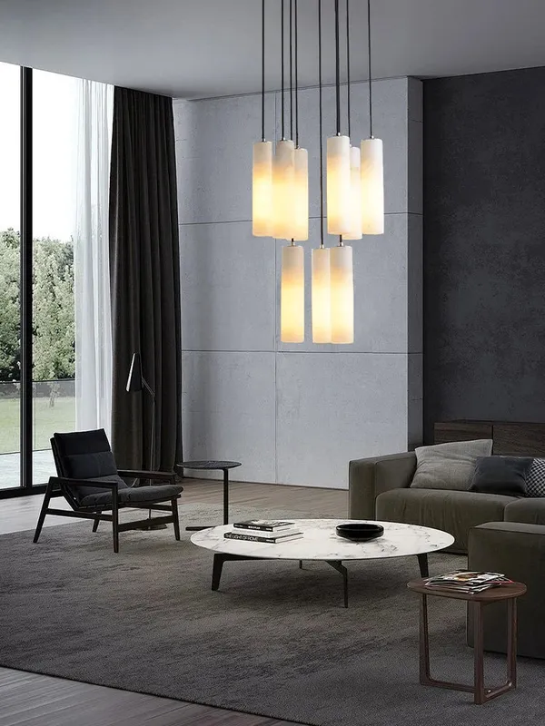Marble Tube Chandelier for Living Room & Foyer — Seus Lighting LED Pendant Lights  3000K