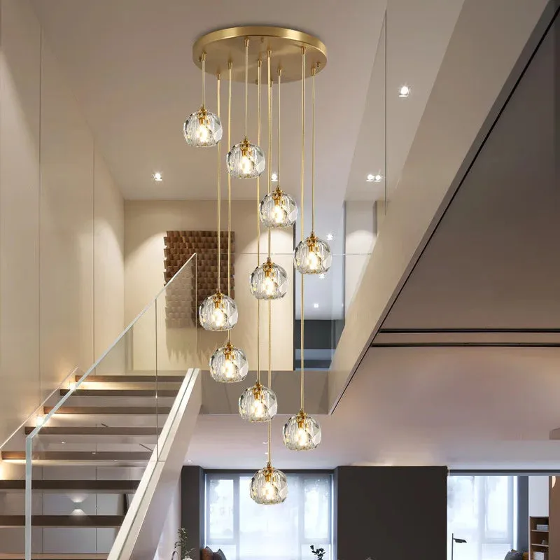 Gold Crystal Ball Chandelier for High Ceiling & Staircase — Seus Lighting LED Pendant Lights  3000K