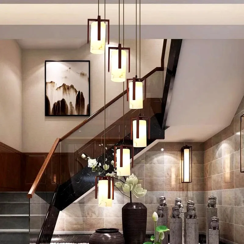 Polin Modern Faux Marble Stair Chandelier — Seus Lighting LED Pendant Lights  3000K