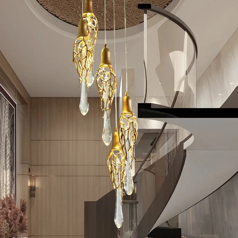 Modern Crystal  Glass Drops Chandelier for Staircase — Seus Lighting LED Pendant Lights  3000K