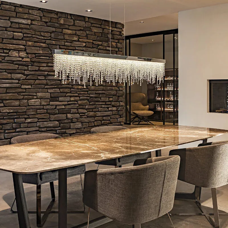 Modern Crystal Rectangular Dining Table Chandelier — Seus Lighting LED Pendant Lights  3000K