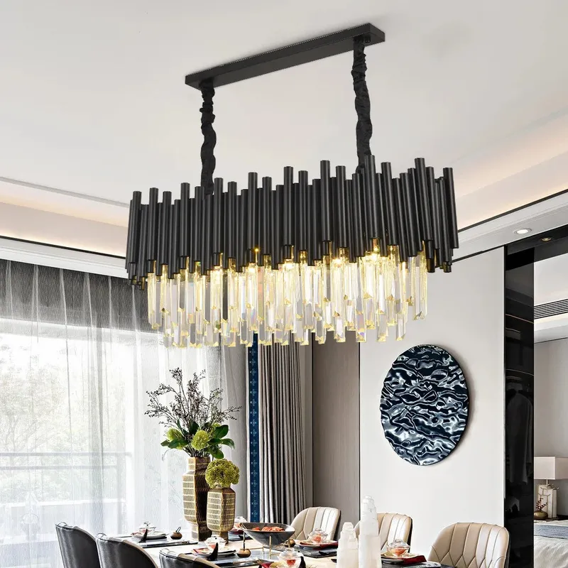 Finn Modern Black Linear Crystal Chandelier Dining Room — Seus Lighting LED Linear Lights  2700K
