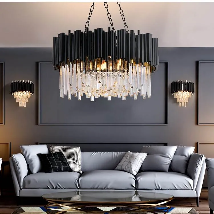 Finn Modern Black Crystal Chandelier for Living Room — Seus Lighting LED Pendant Lights  2700K