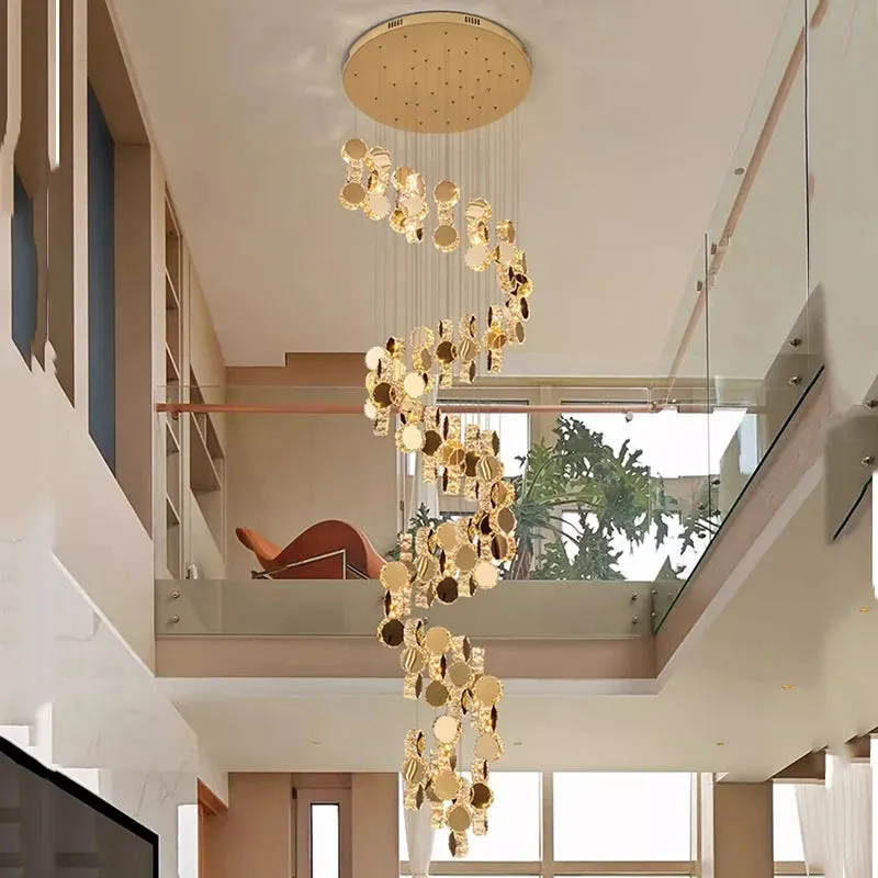 Gold Dimmable High Ceiling Crystal Chandelier — Seus Lighting LED Pendant Lights  2800K