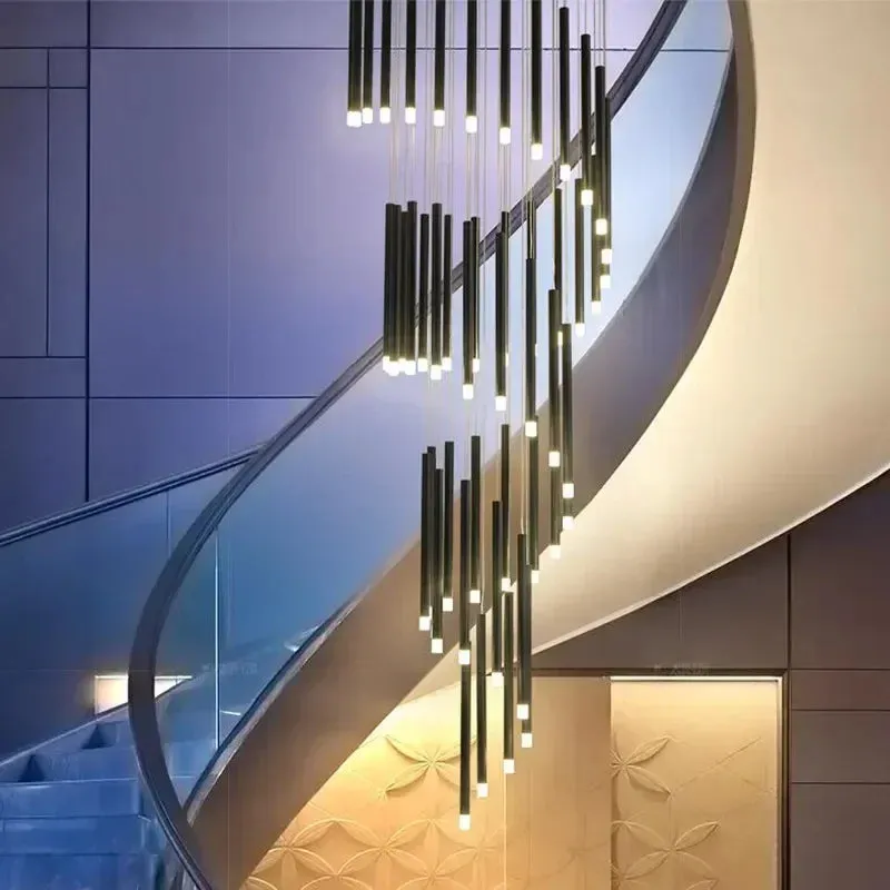 Black Modern Minimalist Stick Chandelier for Staircase — Seus Lighting LED Pendant Lights  3000K