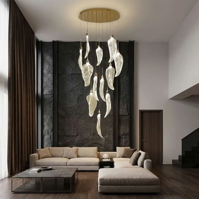 Elyorn Leaves Design High Ceiling Foyer Chandelier — Seus Lighting LED Pendant Lights  3000K