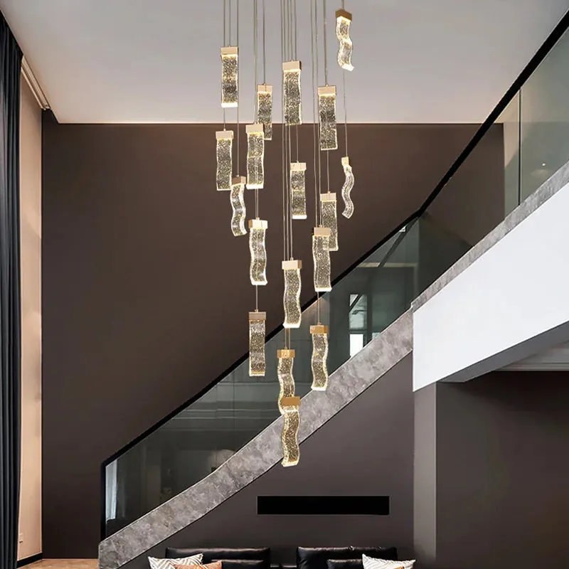 Modern Gold Long Crystal Hanging Light Fixture for Staircase — Seus Lighting LED Pendant Lights  