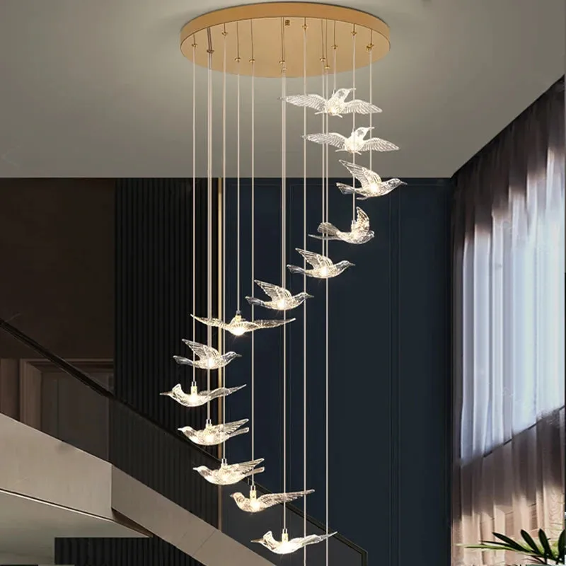 Bird Spiral Long Led Chandelier for Staircase and Foyer — Seus Lighting LED Pendant Lights  3000K