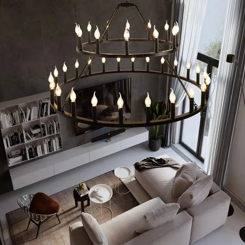 Rustic 48-inch 2 Tier Wagon Wheel Chandelier — Seus Lighting LED Pendant Lights  