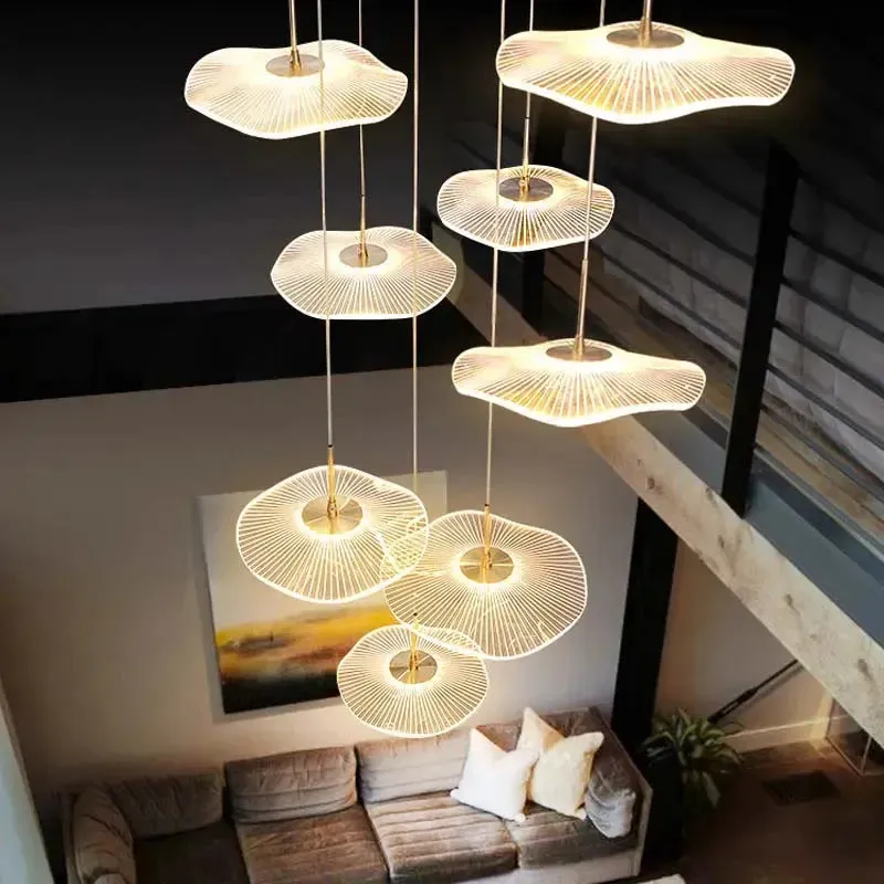 Gold Acrylic Flower Led Chandelier For Stairwell, Staircase — Seus Lighting LED Pendant Lights  3000K