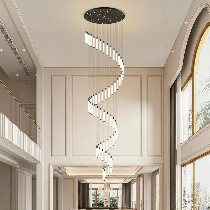 Black/Gold Long Hanging Led Chandelier for Stairwell — Seus Lighting LED Pendant Lights  