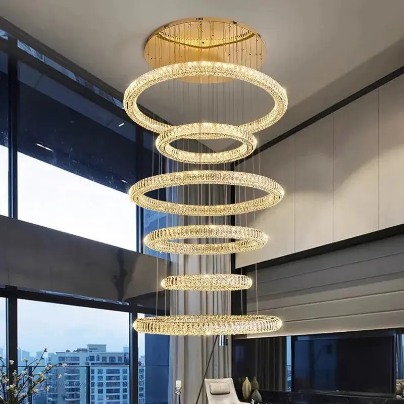 6 Ring Crystal Modern Stairway Lighting — Seus Lighting LED Pendant Lights  3000K