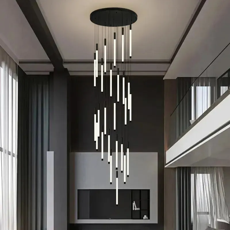 Atia Modern Long Chandelier For Staircase Black/Gold/Silver — Seus Lighting LED Pendant Lights  3000K